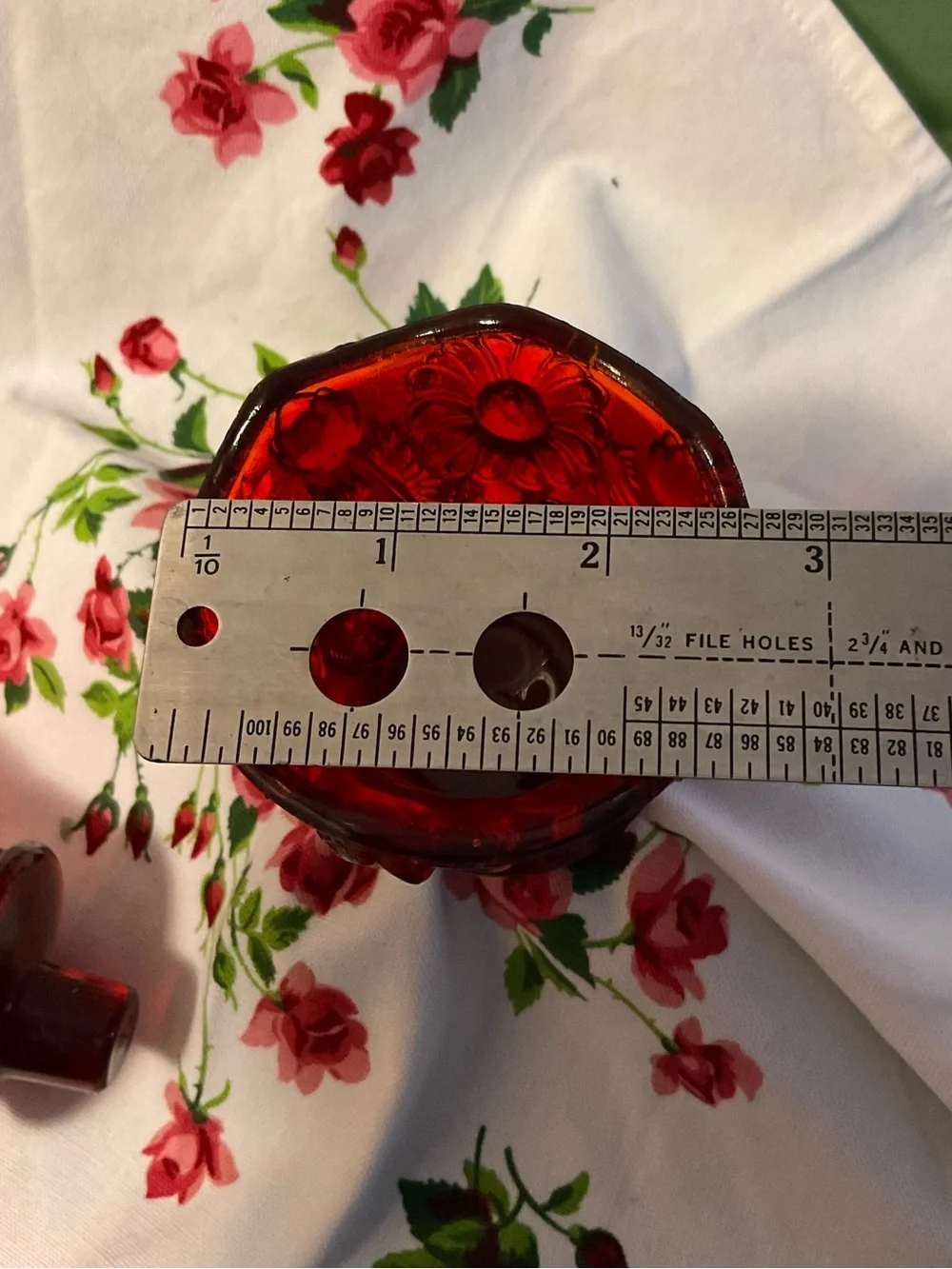 GLOWS Vintage  Red Amberina Peg Votive Holder Textured floral pattern